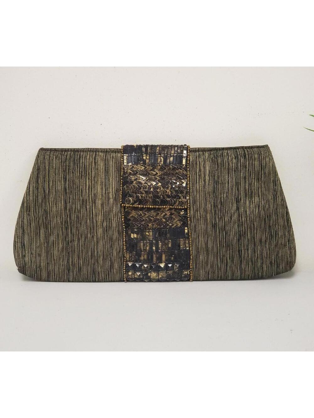 Costa Blanca Metallic Fabric Beaded-Studded-Sequins Decor Evening Clutch Bag